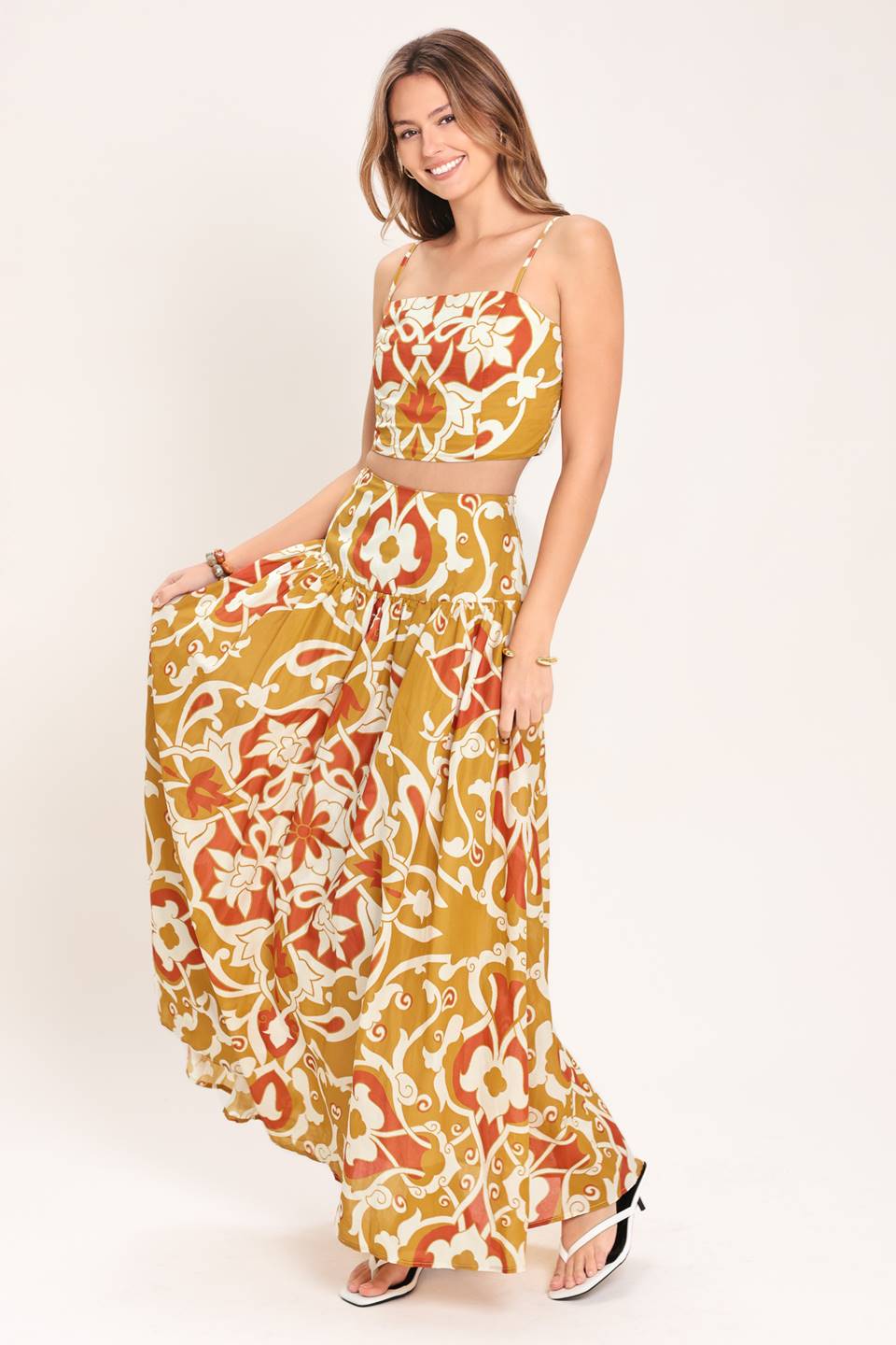 Woman wearing a camel multicolor printed two-piece top and skirt set | Flying Tomato
