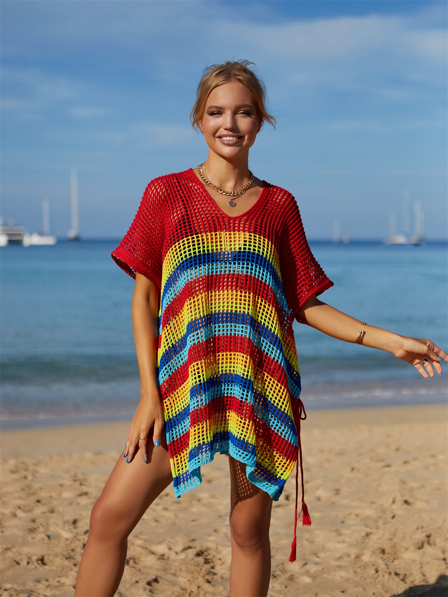 Summer Beach Cover up Knitted Rainbow Color Holiday Blouse Bikini Sweater