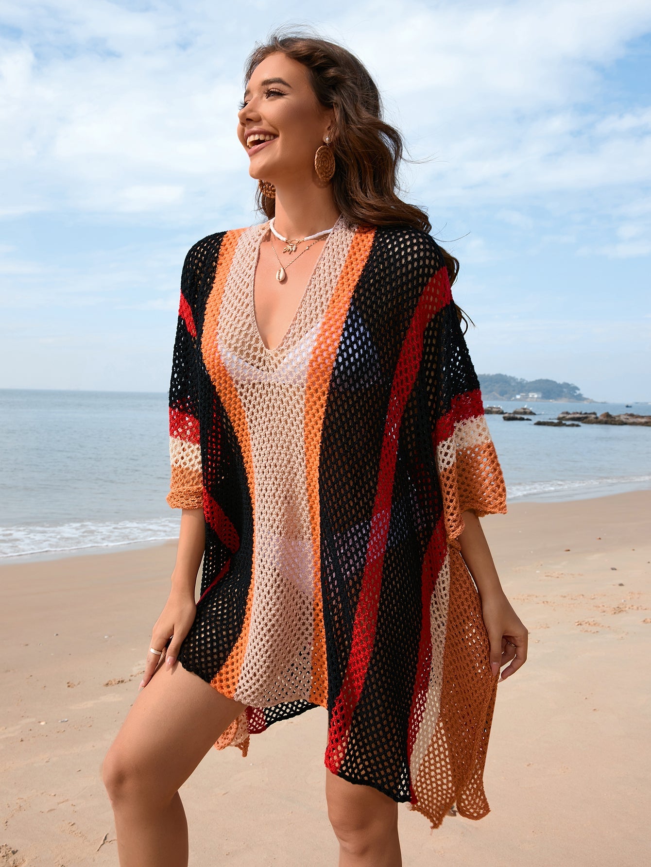 Spring Summer Arrival Women Patchwork Hollow Out Cutout Beach Dress Loose plus Size Beach Cover Up Women