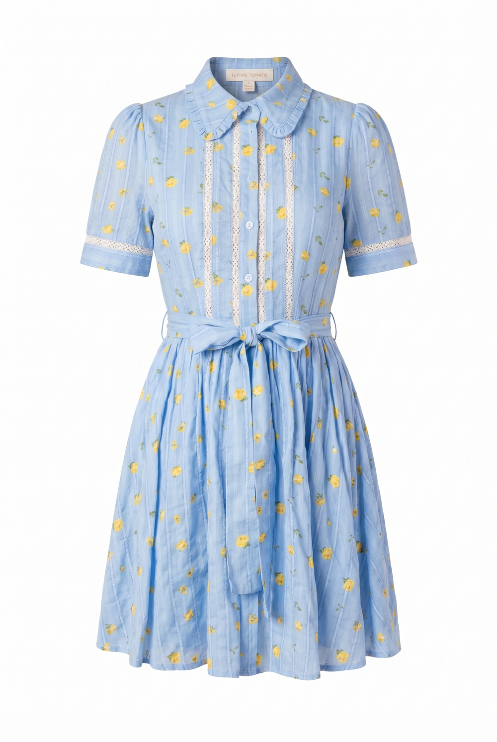 A blue printed woven mini dress featuring collar, button down, short sleeve, lace inset, self sash and full skirt on a white background | Flying Tomato