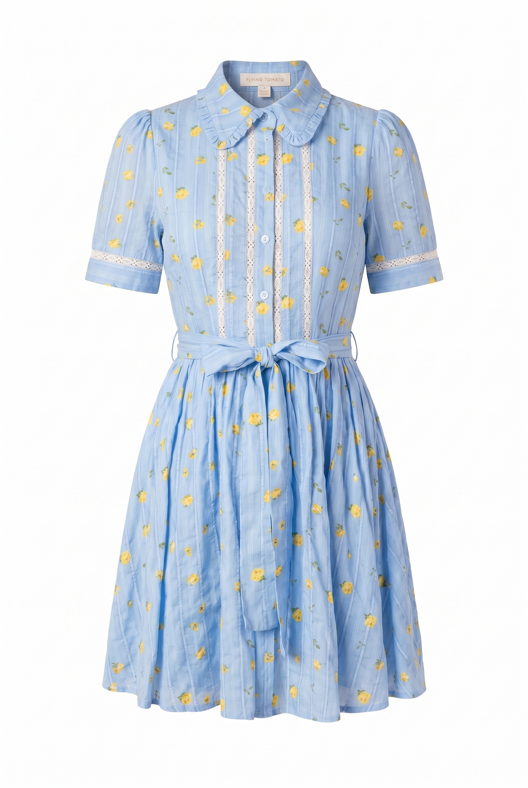 A blue printed woven mini dress featuring collar, button down, short sleeve, lace inset, self sash and full skirt on a white background | Flying Tomato