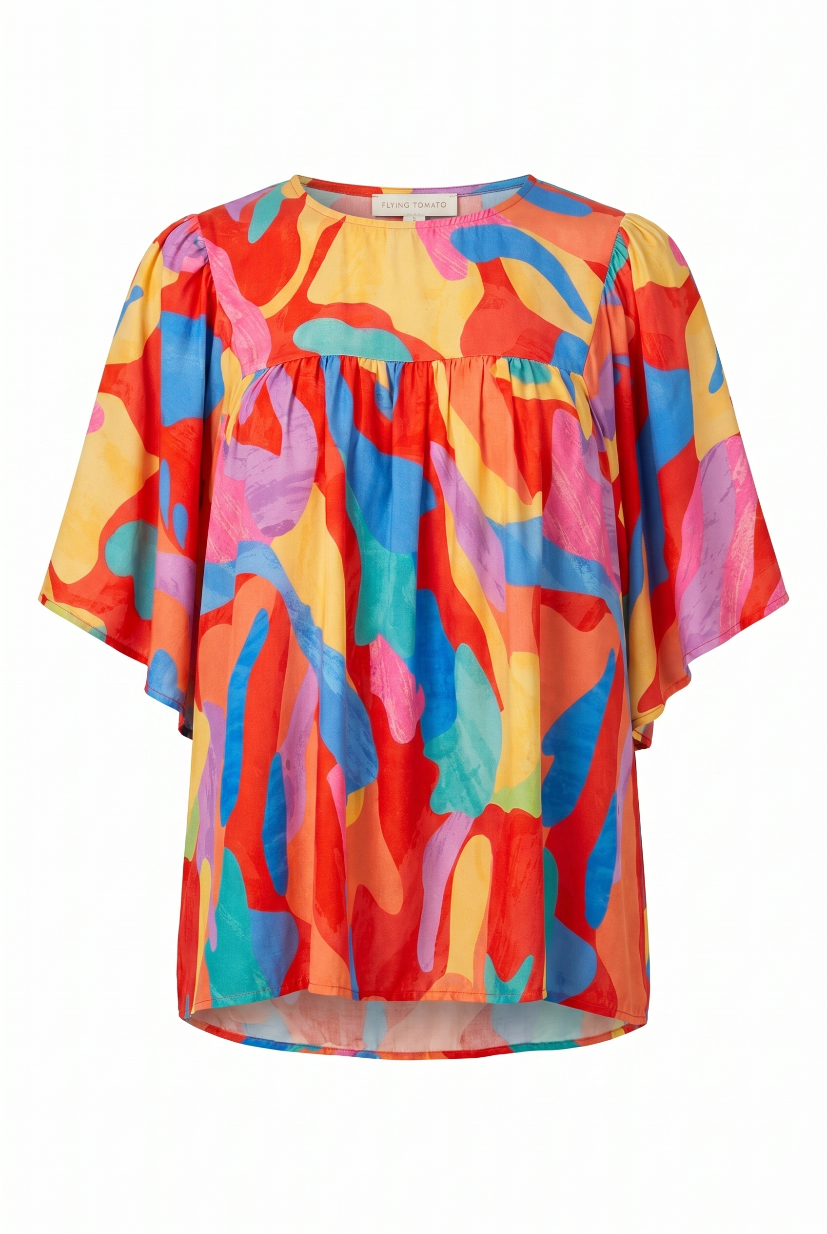 a stylish round neckline, square yoke, and flutter-style short sleeves. Crafted from a lightweight, printed woven fabric, this top is perfect for warm weather.
