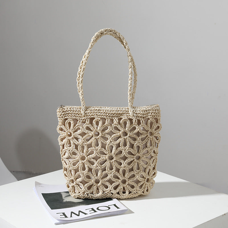 Straw Bag Hollow Out Cutout Floral Straw Bag Woven Bag Women Bag Shoulder Portable Seaside Vacation Beach Bag Rattan Weave Bag