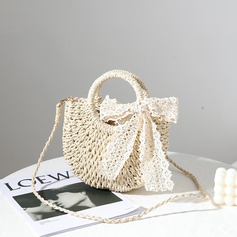 Crossbody Small Bag for Women Lace Bow Hand Woven Bag Shoulder Portable Crossbody Straw Woven Bag