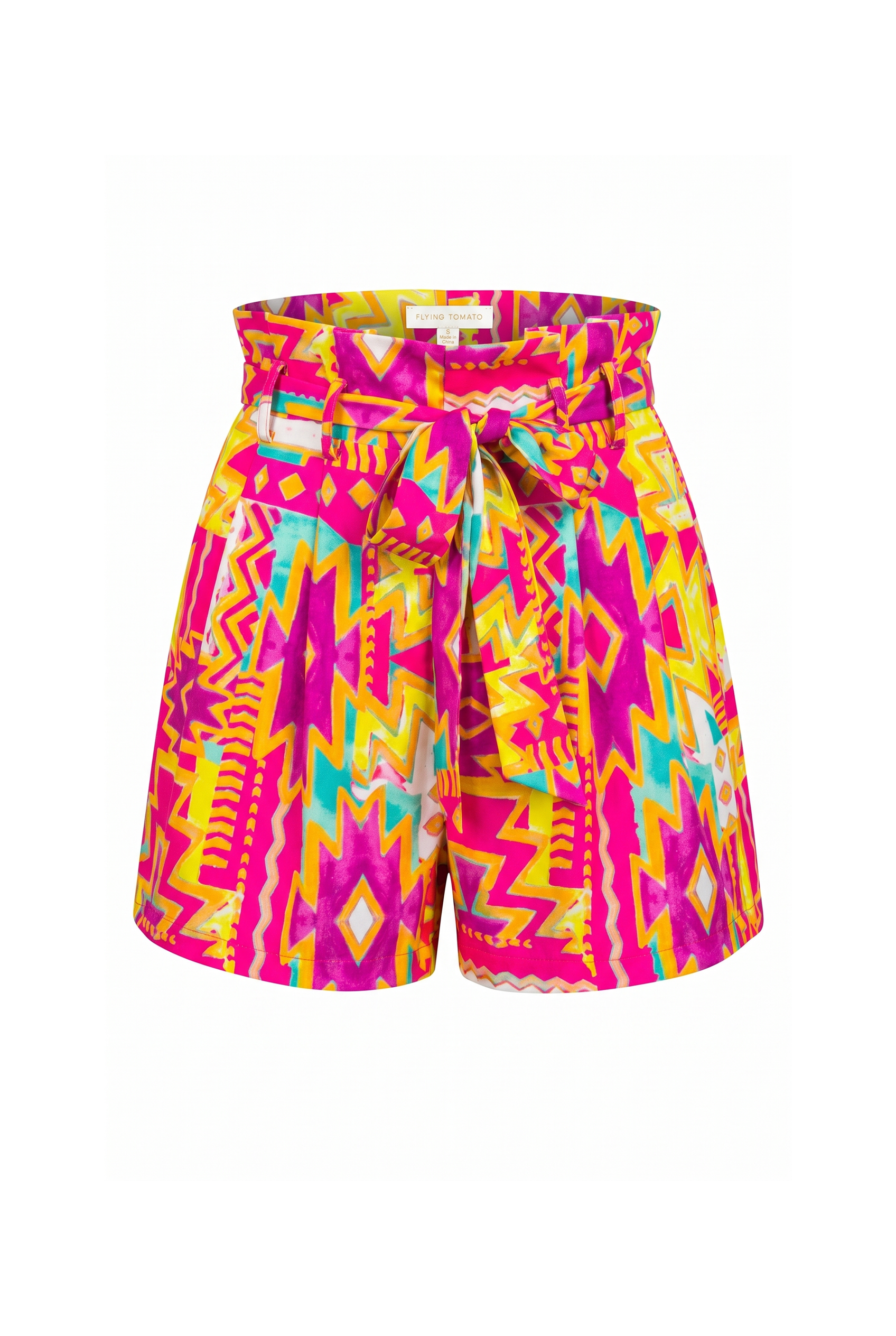 Clean mannequin image of colorful high waisted shorts with pleats | Flying Tomato