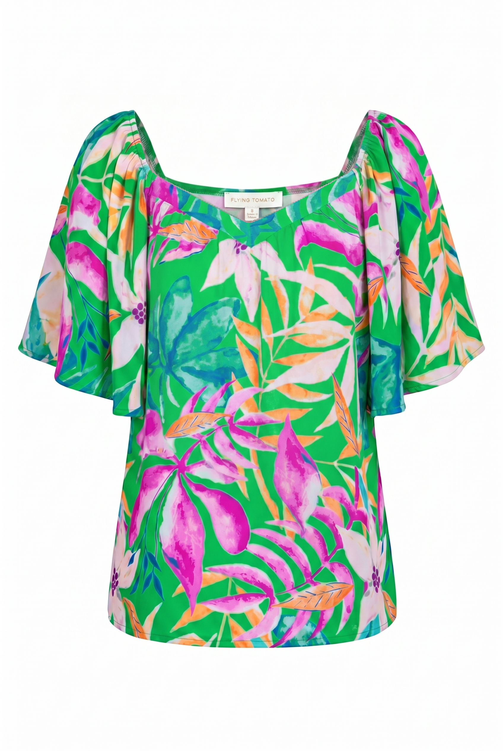 Green with pink and orange leaves top featuring a V neckline and short flutter sleeves | Flying Tomato