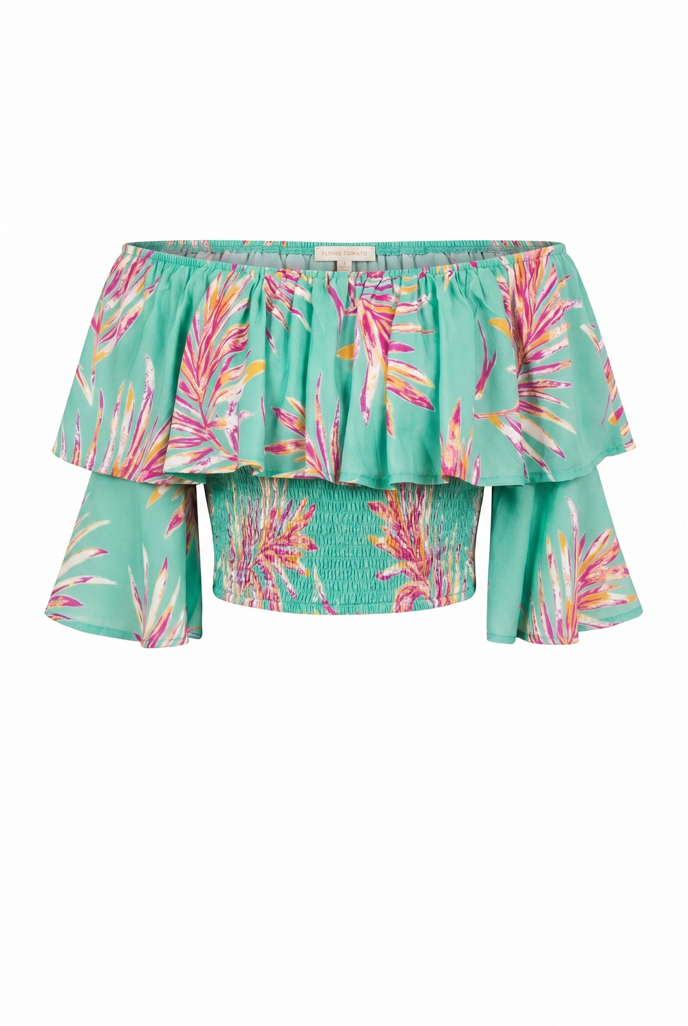 Turquoise off-the-shoulder neckline, contrasting flounce, and smocked bodice top | Flying Tomato