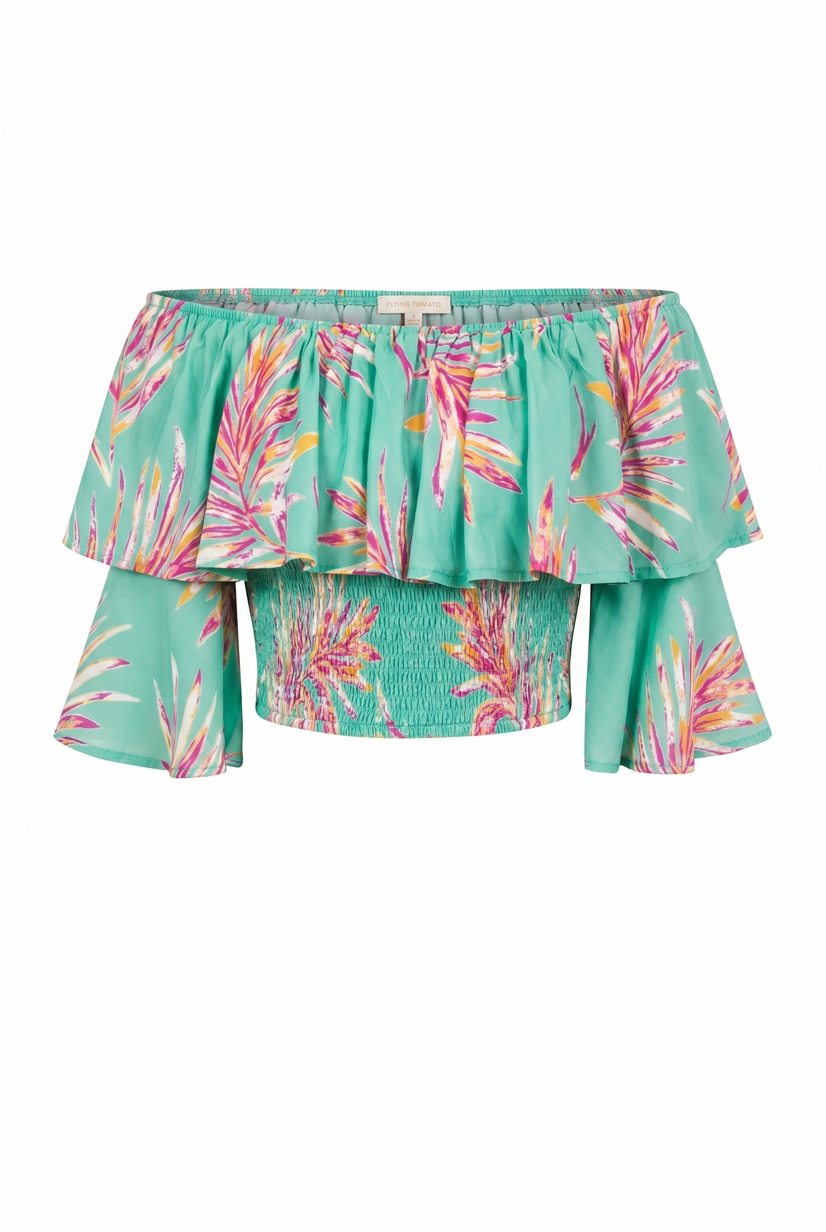 Turquoise off-the-shoulder neckline, contrasting flounce, and smocked bodice top | Flying Tomato