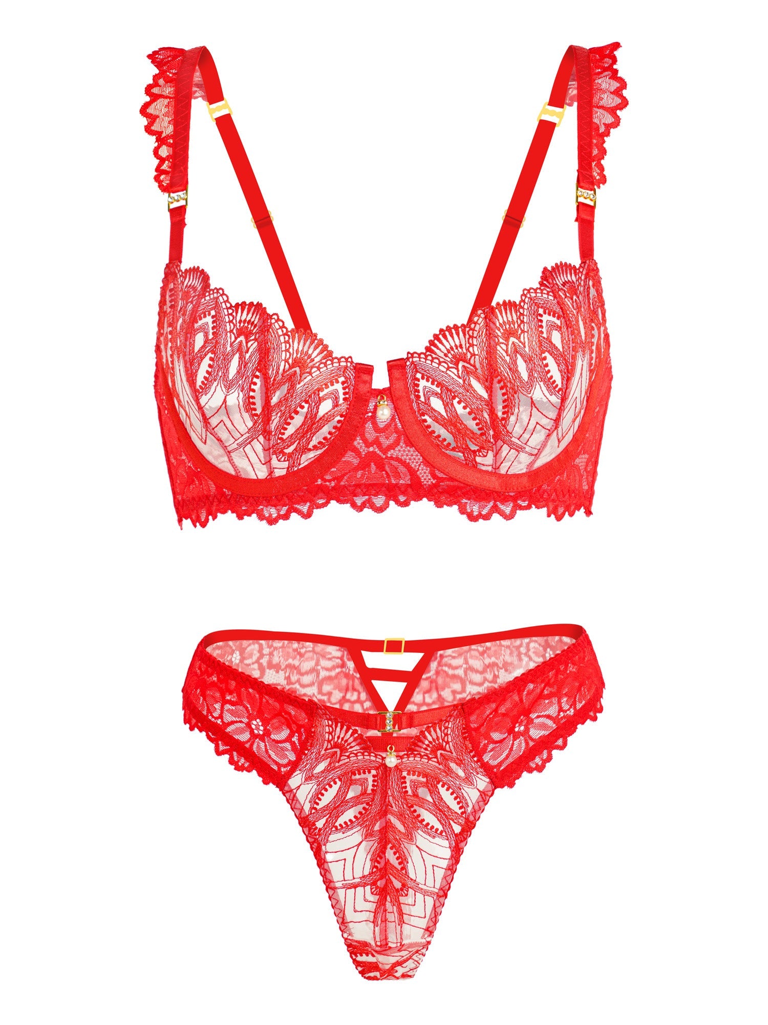 Eye-catching Red Embroidered Small Pearl Lingerie Set