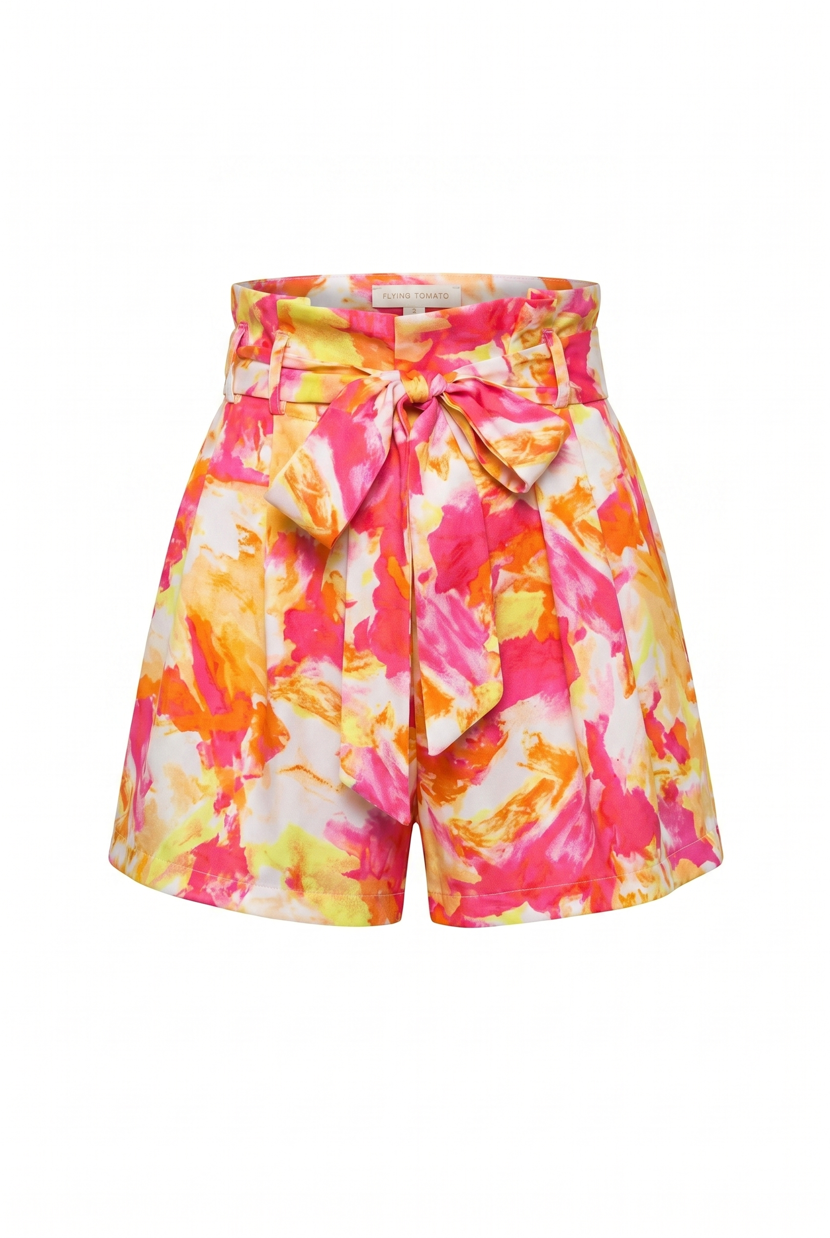 Colorful tie-dye shorts with a bow waist on a white background