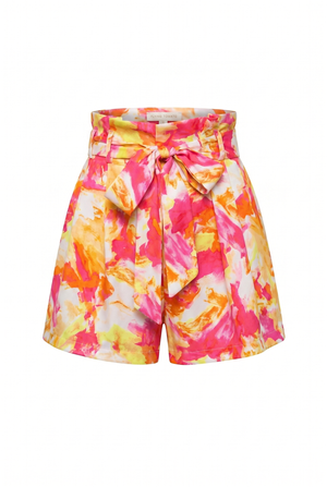 Colorful tie-dye shorts with a bow waist on a white background