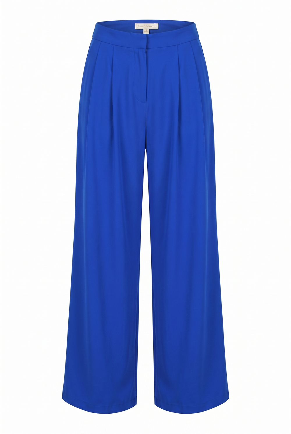 A pair of royal blue wide-leg cropped trousers with a high waist and front pleats, shown against a plain white background.