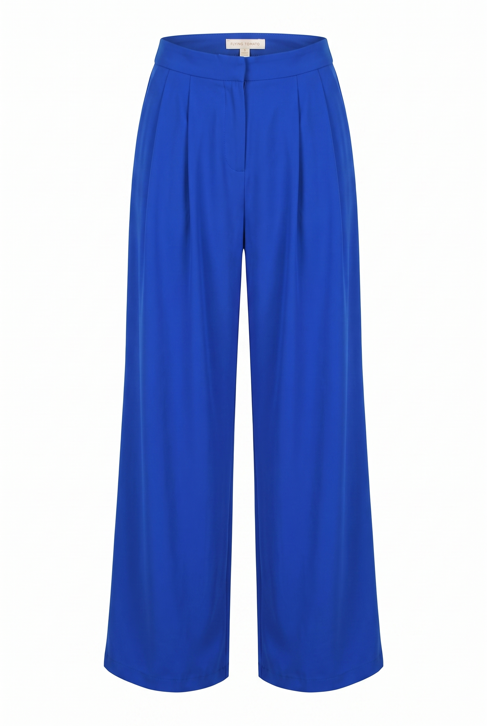 A pair of royal blue wide-leg cropped trousers with a high waist and front pleats, shown against a plain white background.