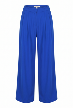 A pair of royal blue wide-leg cropped trousers with a high waist and front pleats, shown against a plain white background.