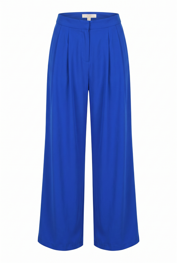 A pair of royal blue wide-leg cropped trousers with a high waist and front pleats, shown against a plain white background.
