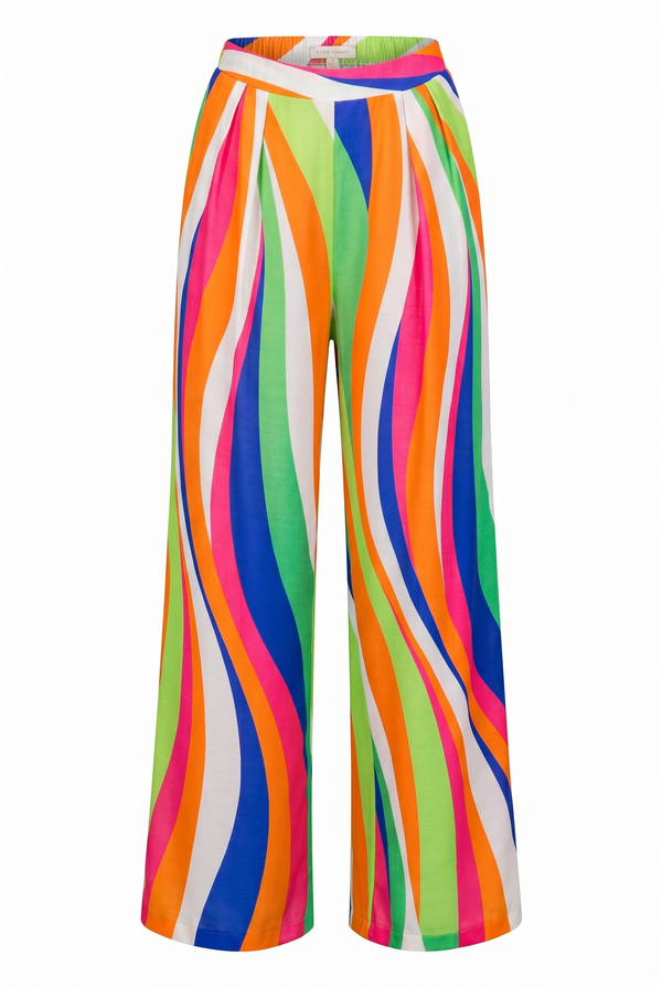 Colorful wide legs pants with curved lines design and an elastic waistband | Flying Tomato