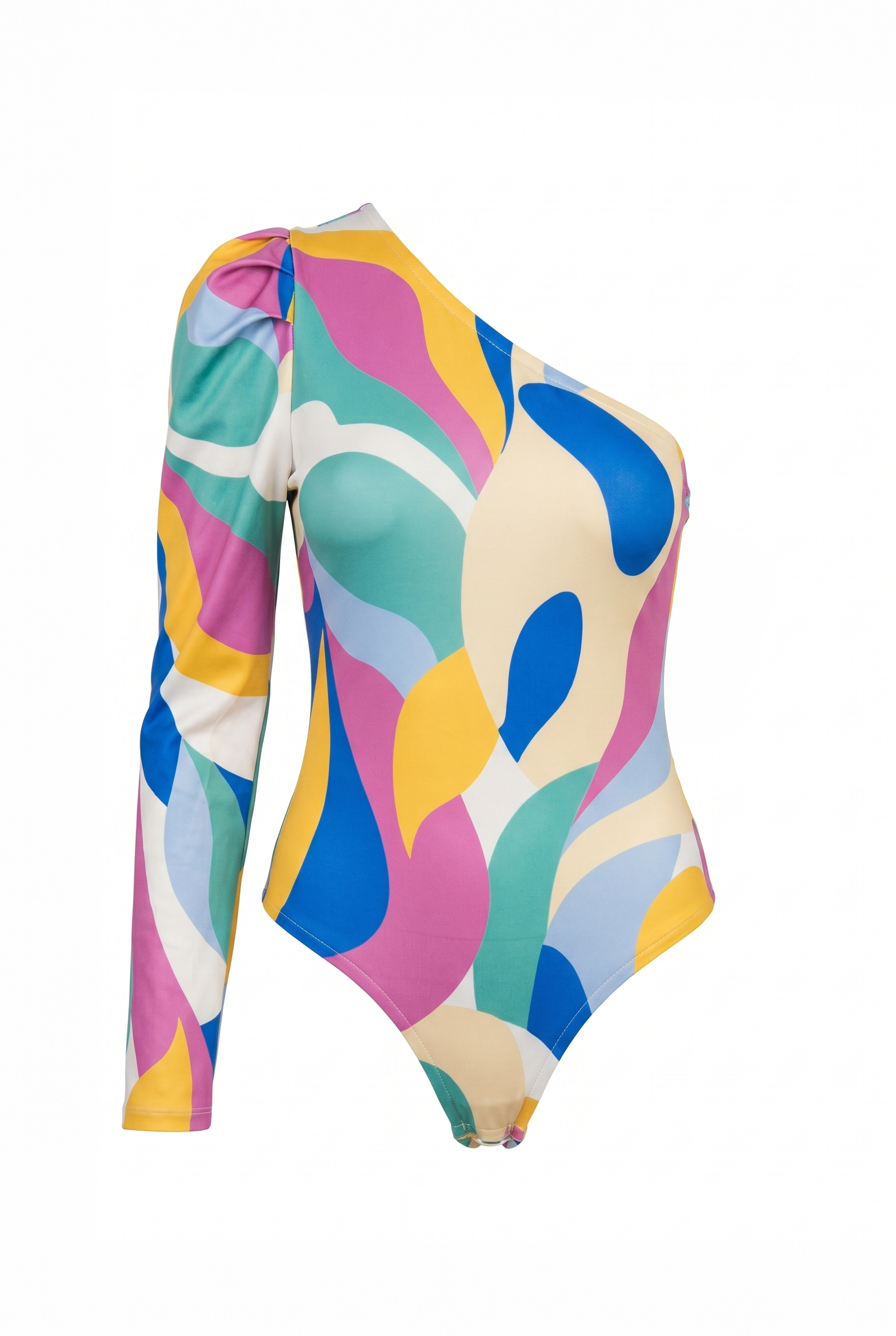 Colorful one-shoulder swimsuit with abstract pattern on a white background
