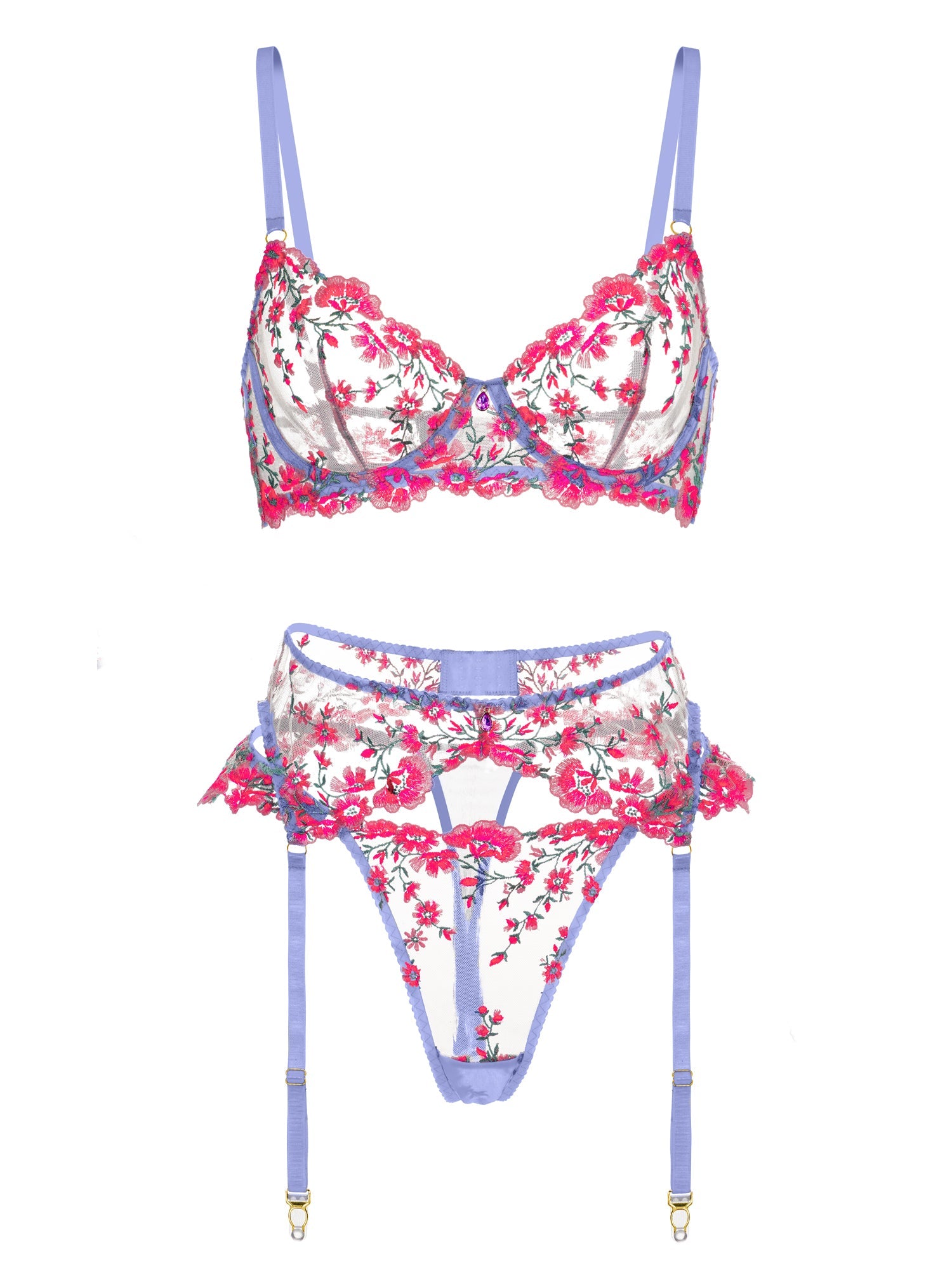 Fantasy Pink Bloom Embroidery Lingerie Set