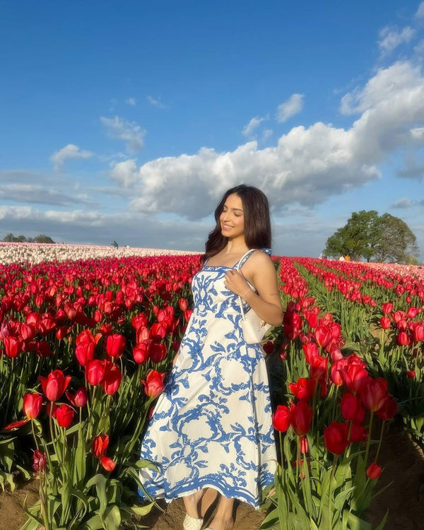 ADAIR PASSPORT TO THE SUN WOVEN MIDI DRESS.
