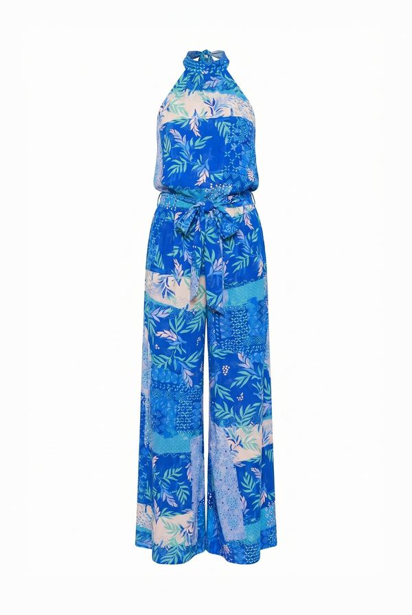 Blue floral jumpsuit on a white background
