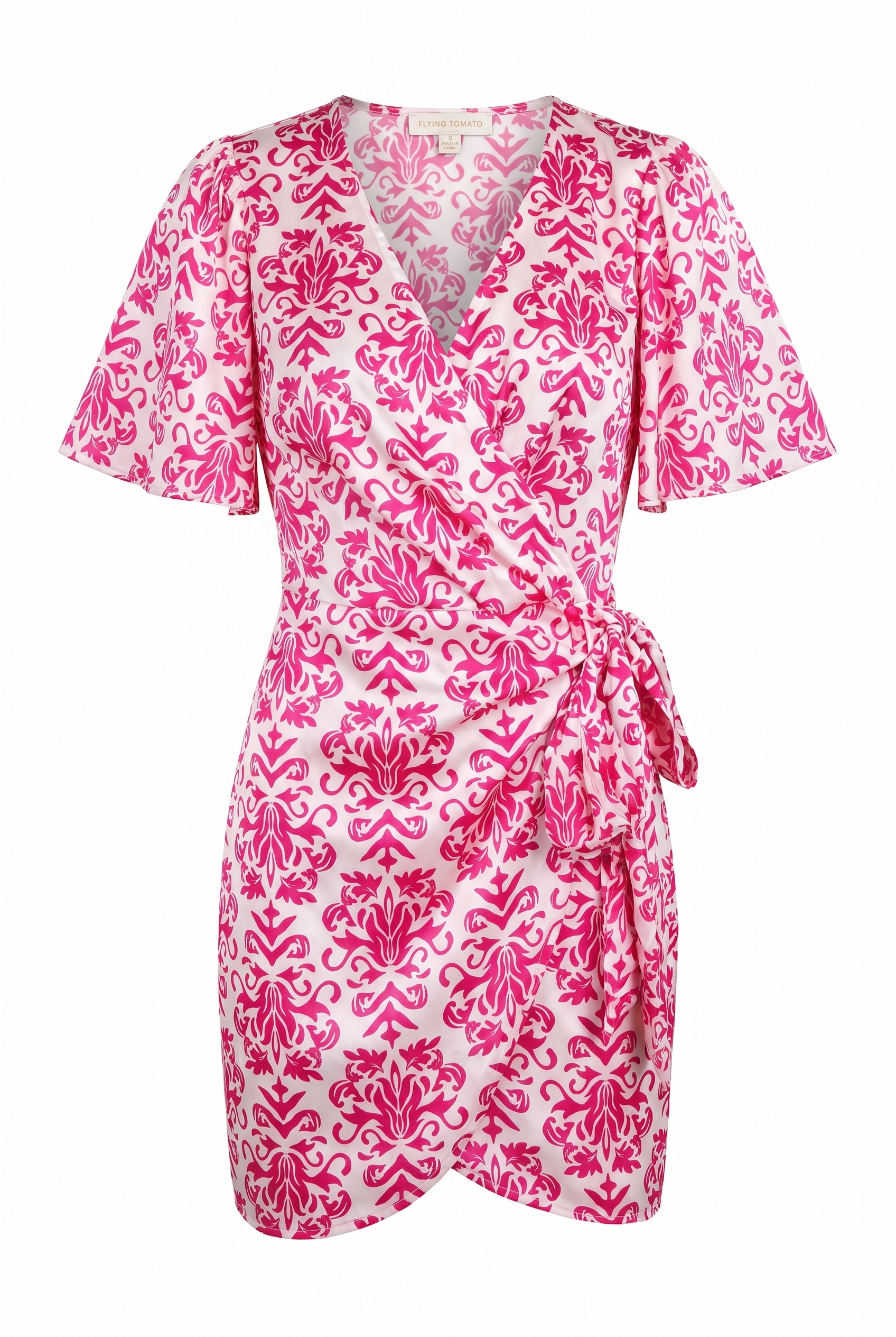 A short-sleeve wrap dress with a pink and white damask pattern, featuring a V-neckline and a self-tie belt at the waist, shown against a plain white background.