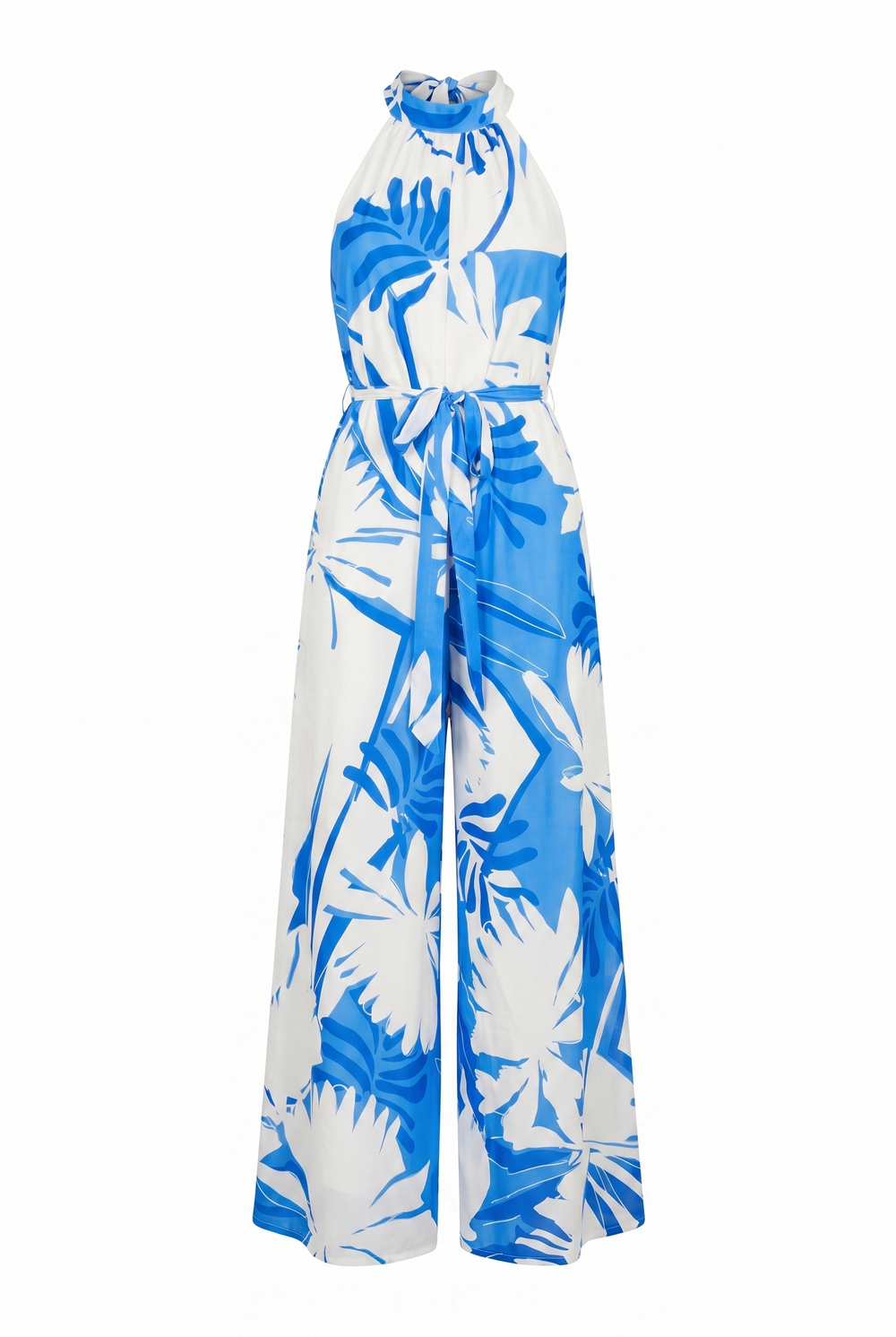 Blue and white floral patterned jumpsuit on a white background
