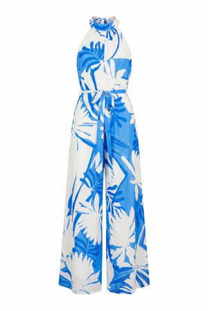 Blue and white floral patterned jumpsuit on a white background