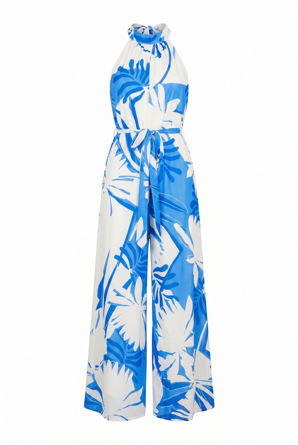 Blue and white floral patterned jumpsuit on a white background