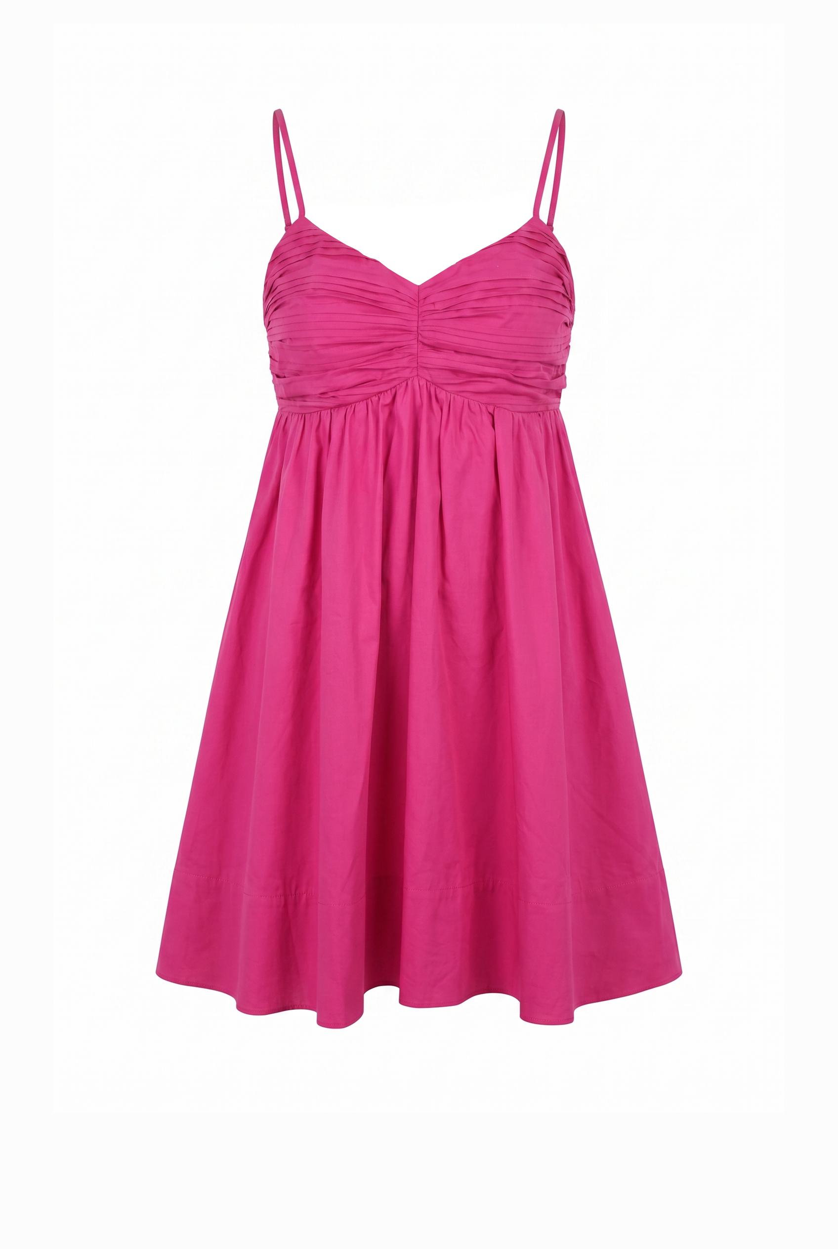 A bright pink sleeveless mini dress with thin spaghetti straps, a ruched sweetheart bodice, and a flared A-line skirt, shown against a plain white background.