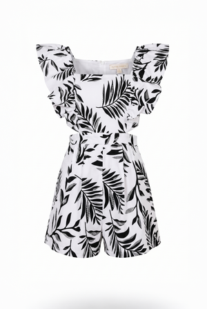 White romper with black leaf pattern on a white background
