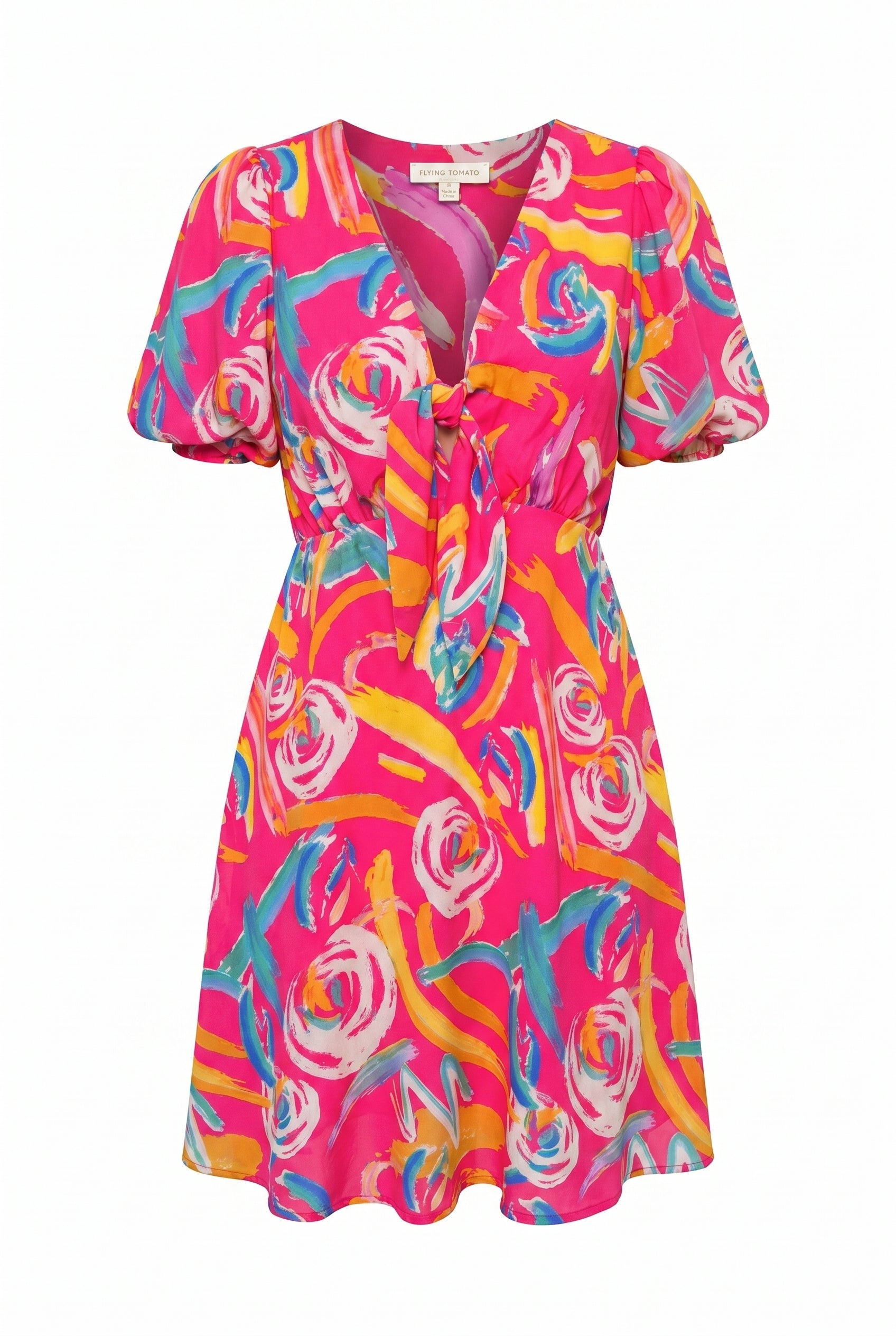V-neckline and front-tie accent give it a beautiful touch, while its short puff sleeves and A-line skirt offer a flattering silhouette. Made with a lightweight woven fabric, it’s comfortable and stylish. It comes with a side zipper closure for ease of use.