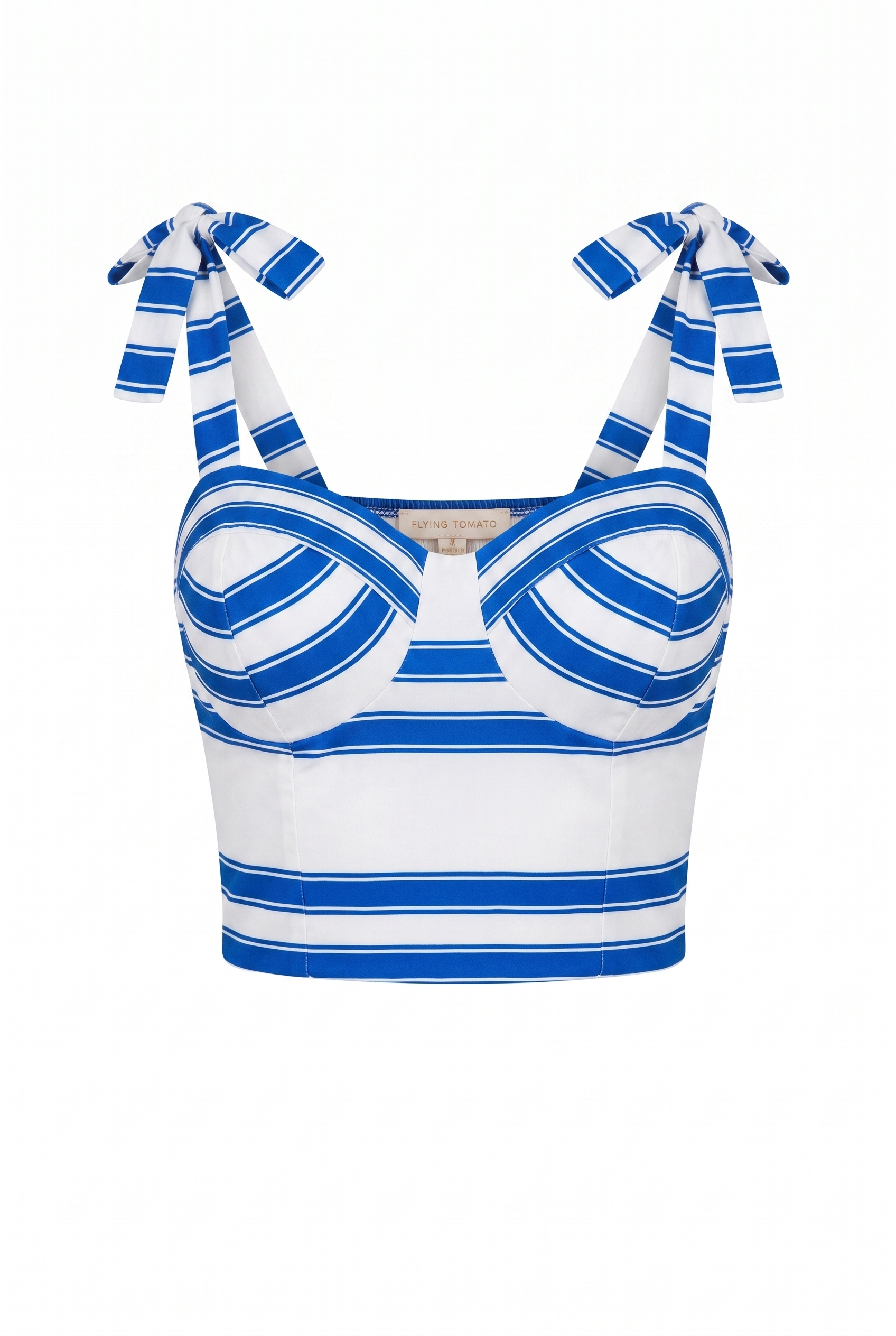 A blue and white striped crop top with tie-shoulder straps, featuring a sweetheart neckline and a structured, molded cup design, shown against a plain white background.