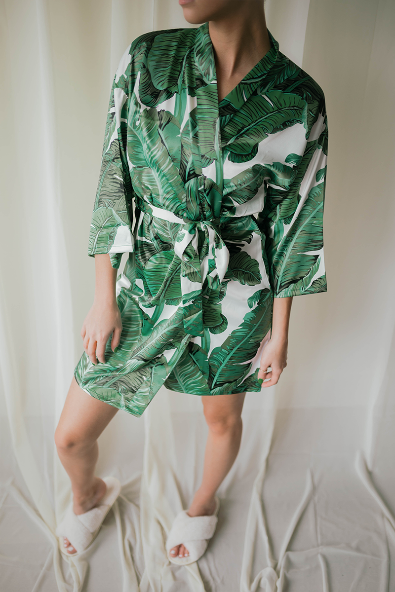 Green Banana Leaf Satin Robe