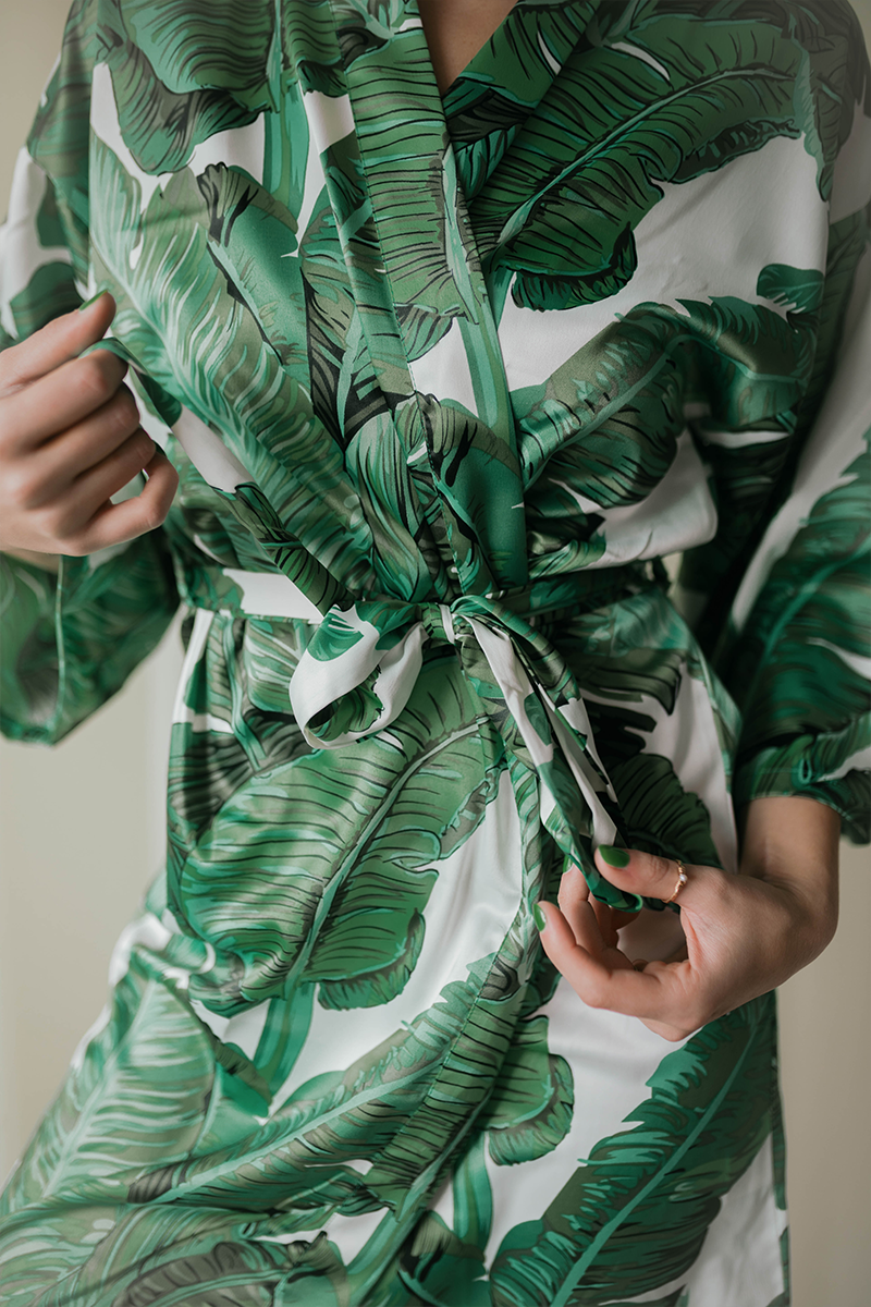 Green Banana Leaf Satin Robe