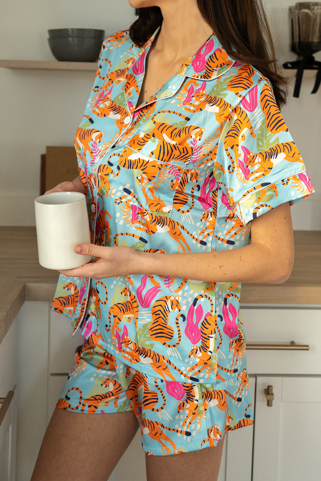 Blue Tiger Print Satin Pajamas