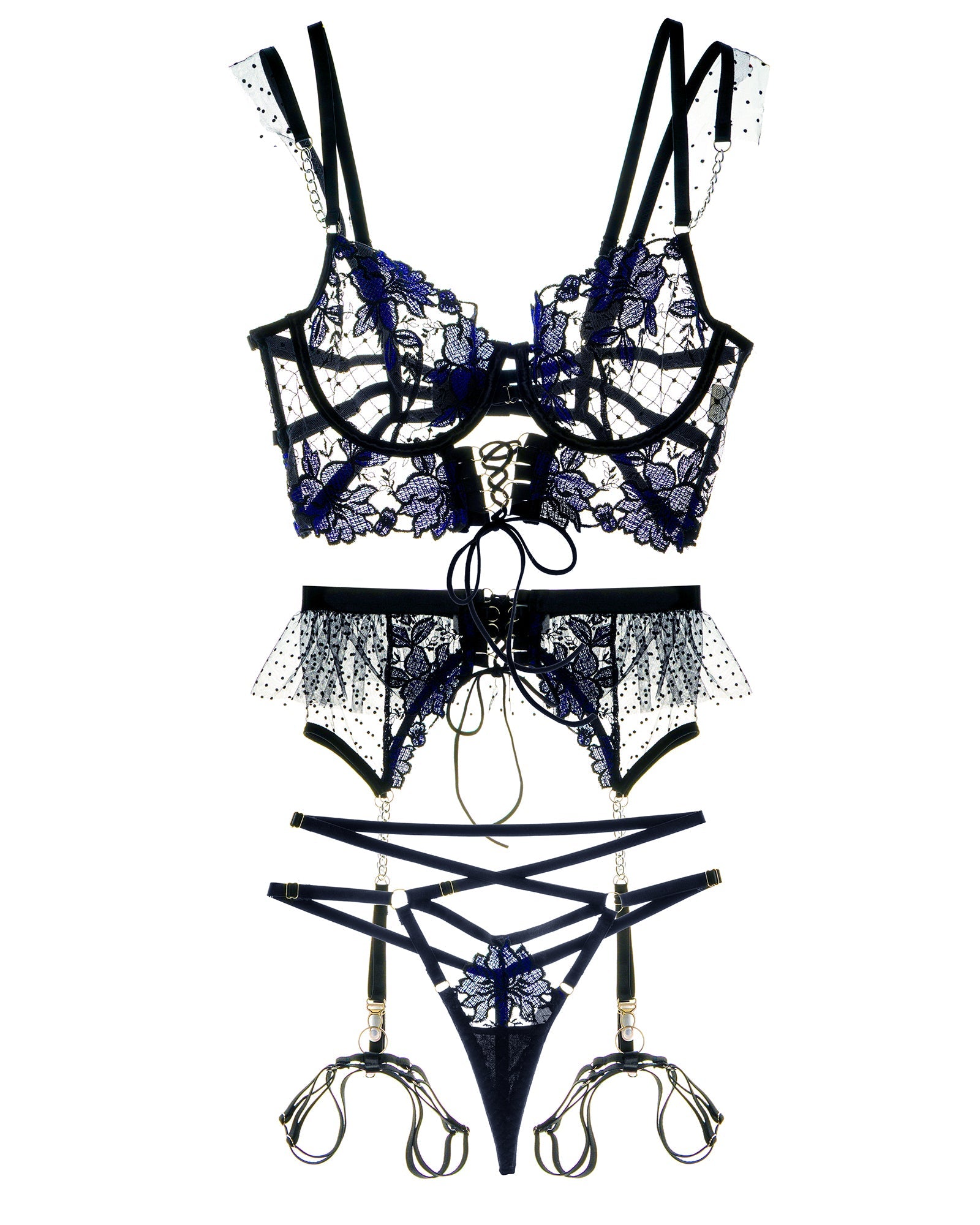 Black&Blue Lace Tie Adjustable Sculpting Body Lingerie Set