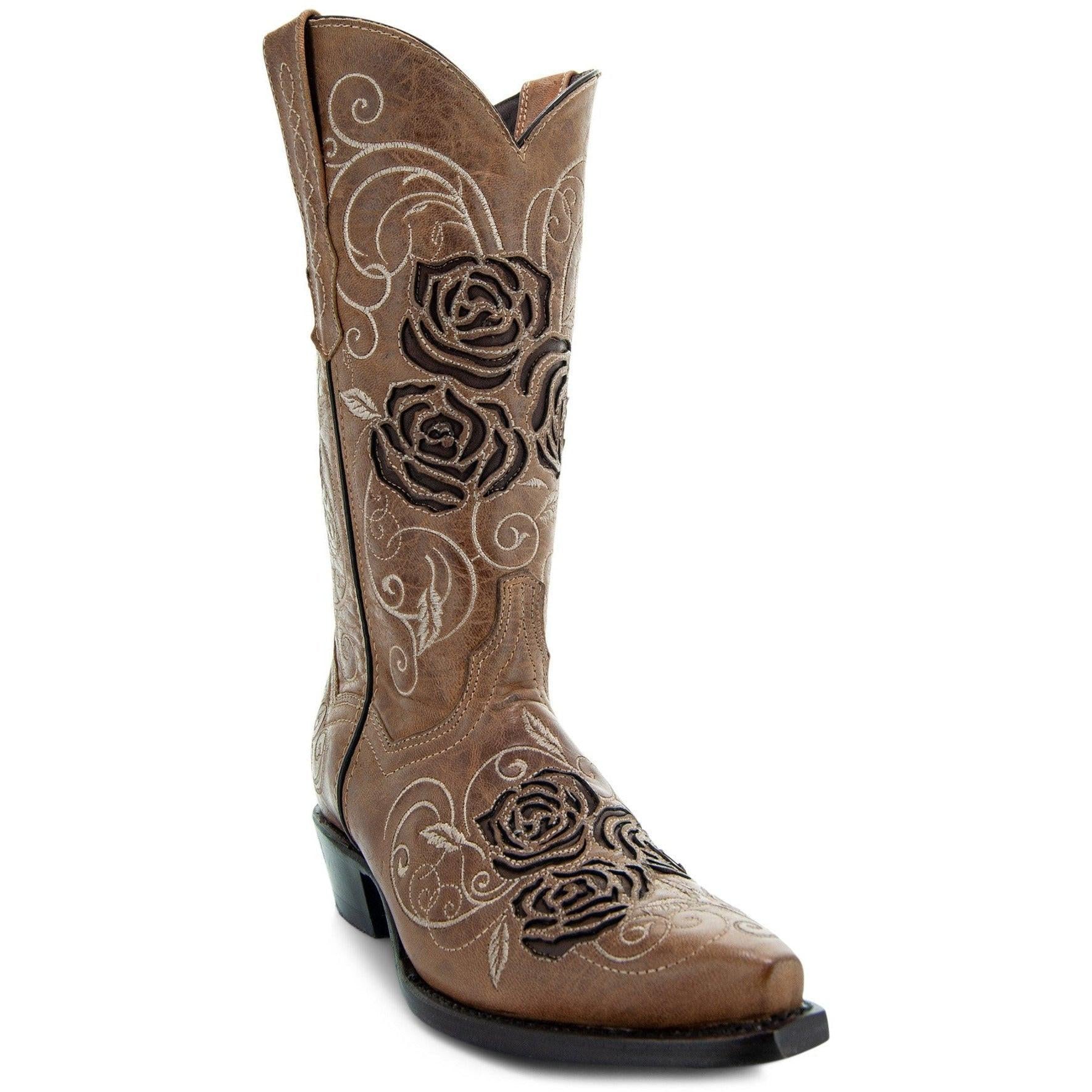 Tan Rose Inlayed Women's Cowgirl Boots (M50032).