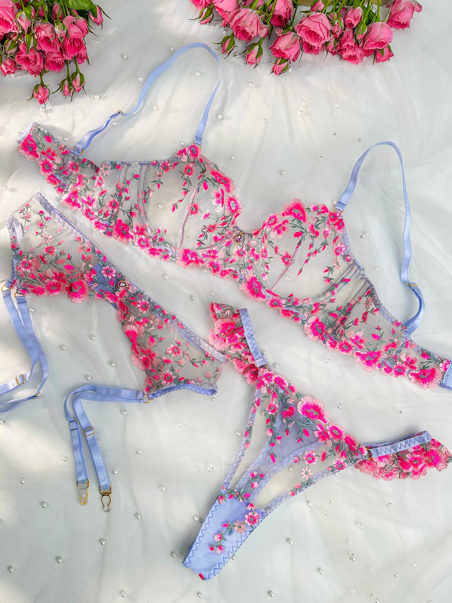 Fantasy Pink Bloom Embroidery Lingerie Set