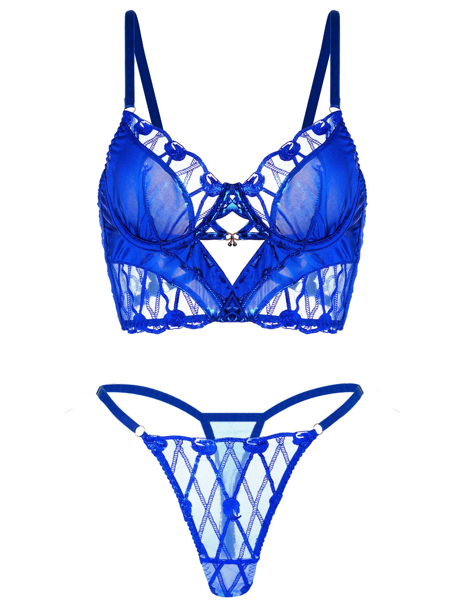 Midnight Blue Leather Lace Embellished Lingerie Set