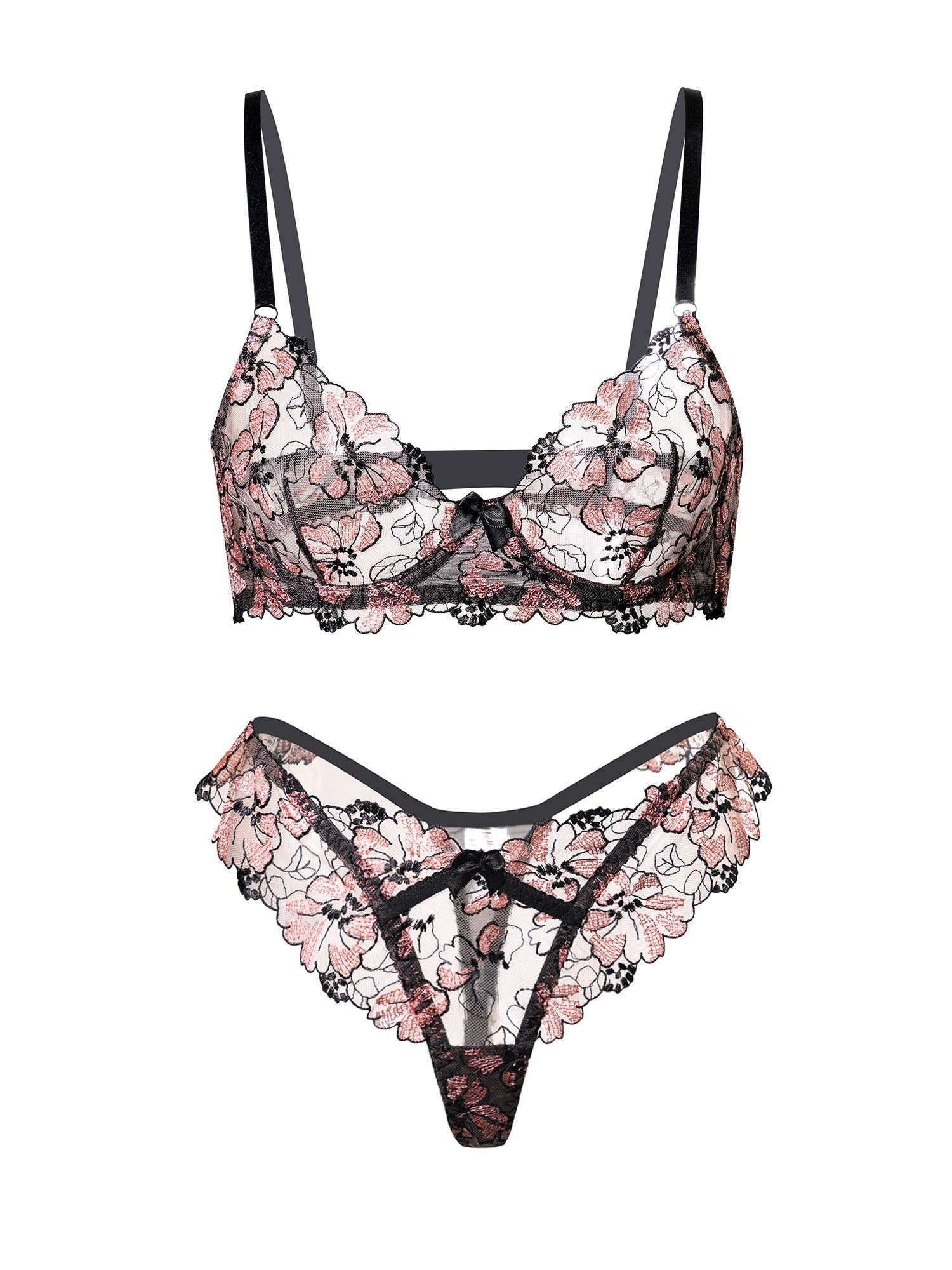 Black& Dustyrose Flutter Lace Lingerie Set