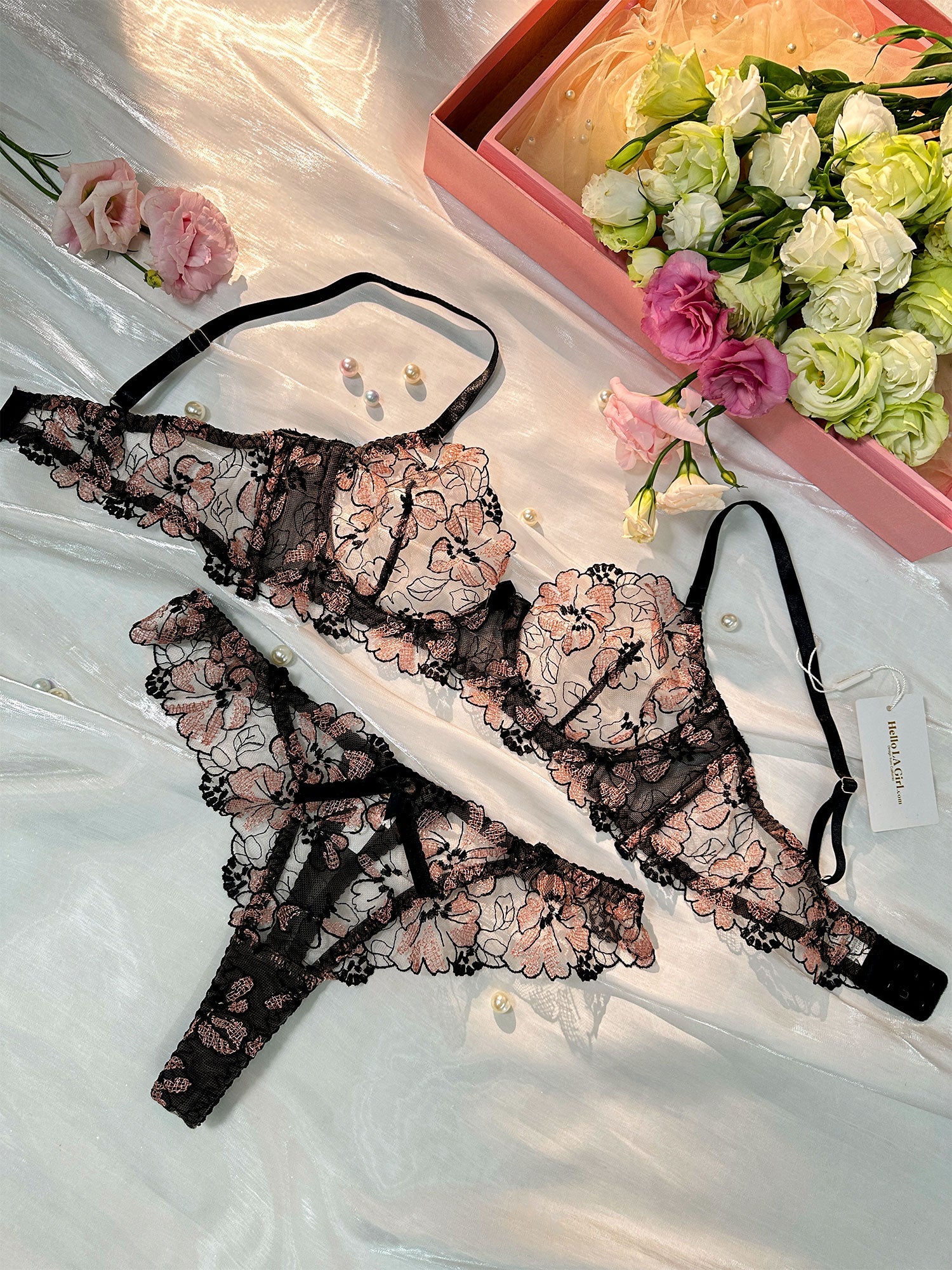 Black& Dustyrose Flutter Lace Lingerie Set