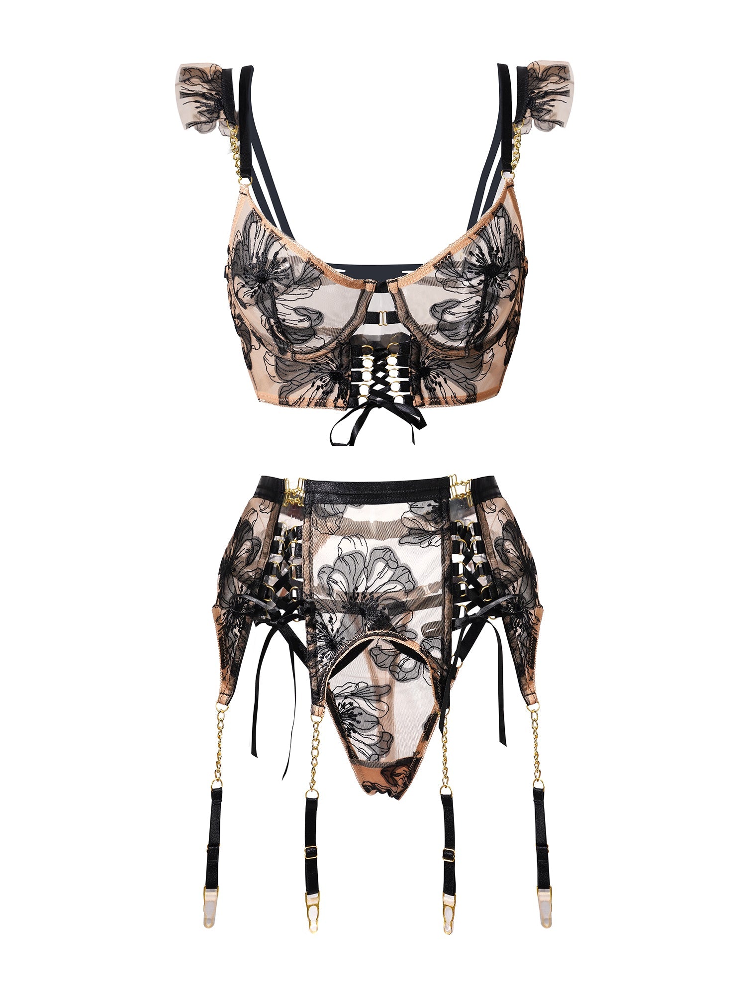 Black&Nude Ribbon Sculpting Body Lingerie Set