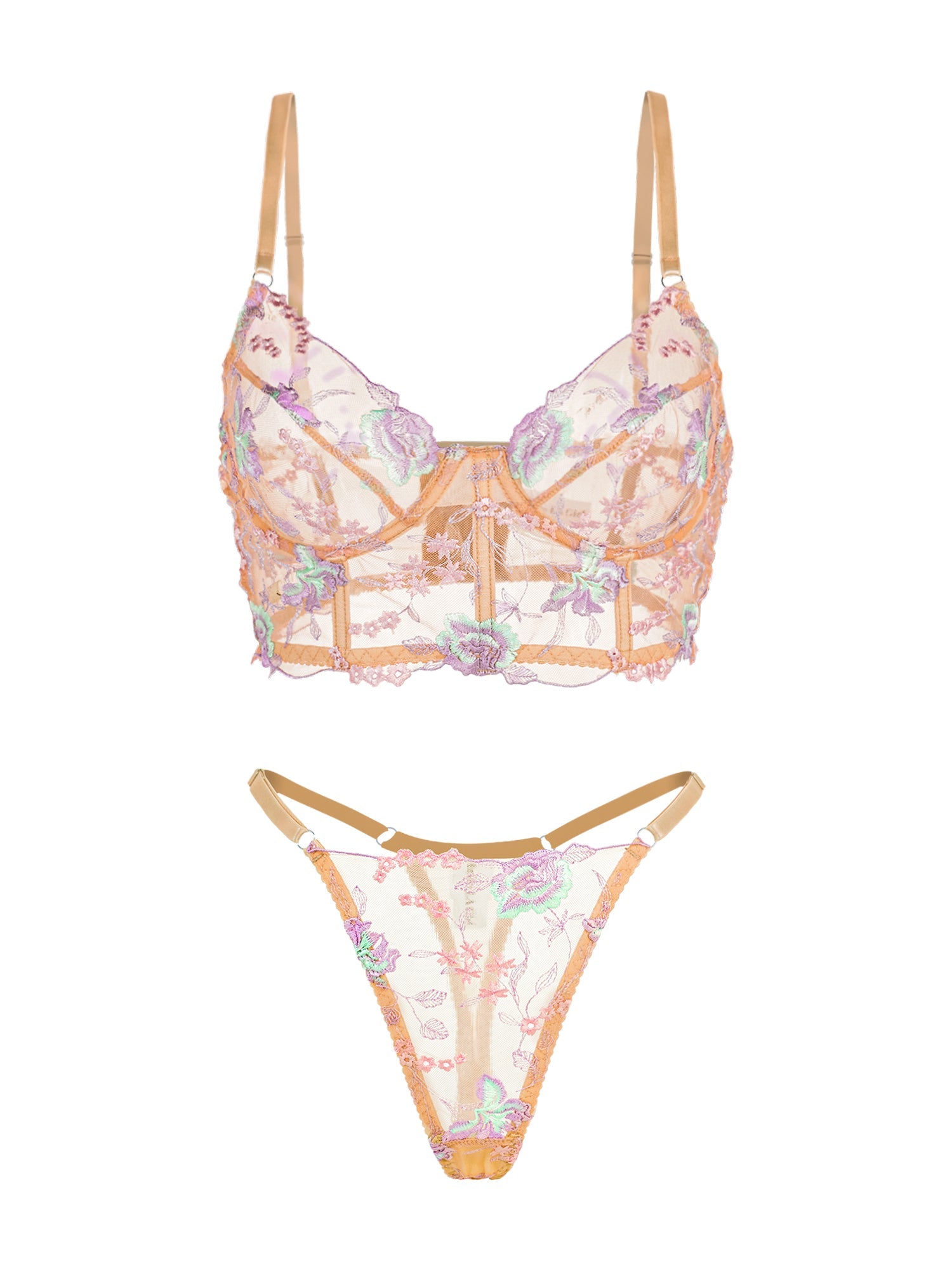 Champagne Floral Sexy Sheer Embroidered Lingerie Set