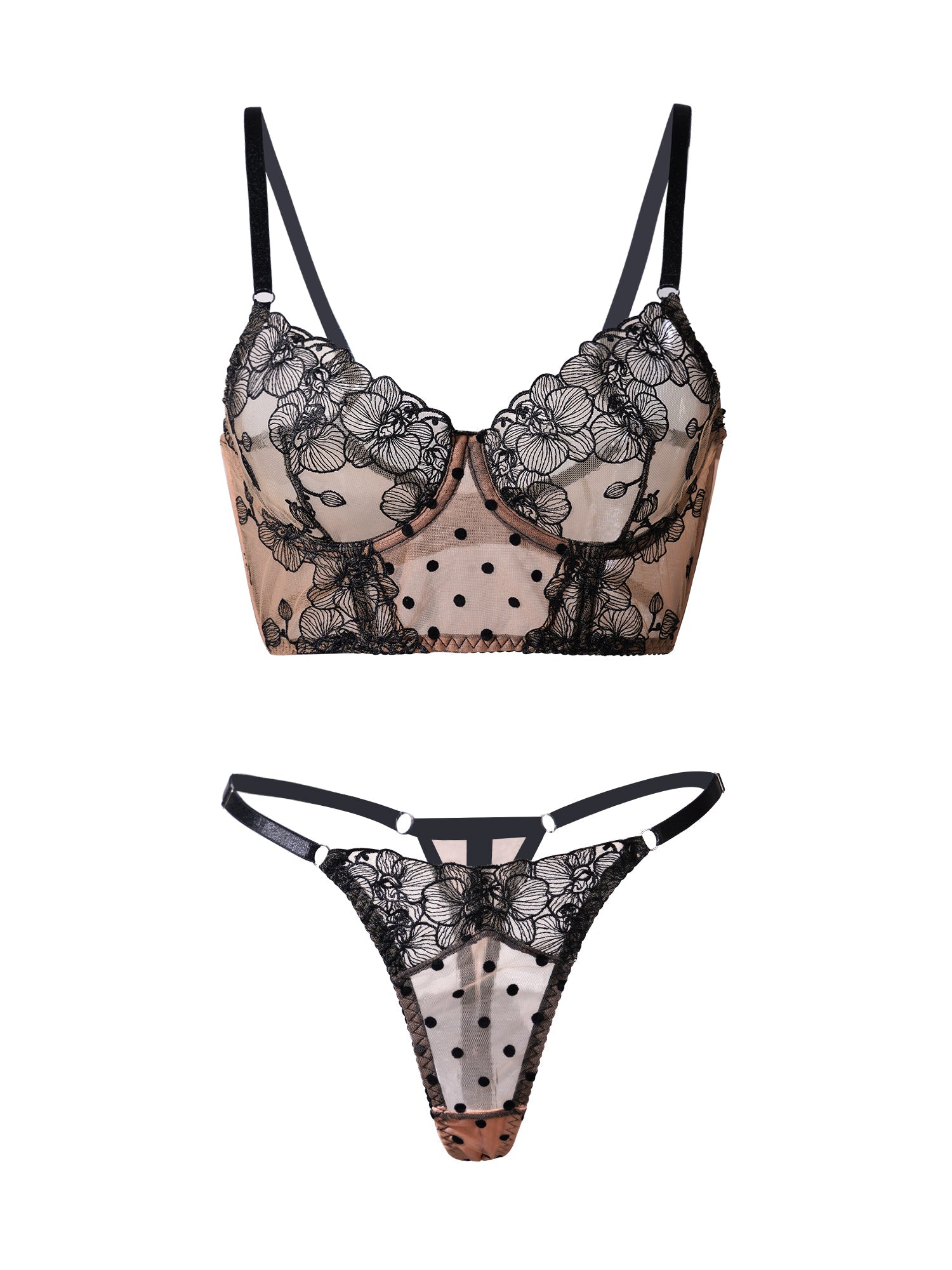 Nude Black Spot Soft Lace Widen Side Lingerie Set