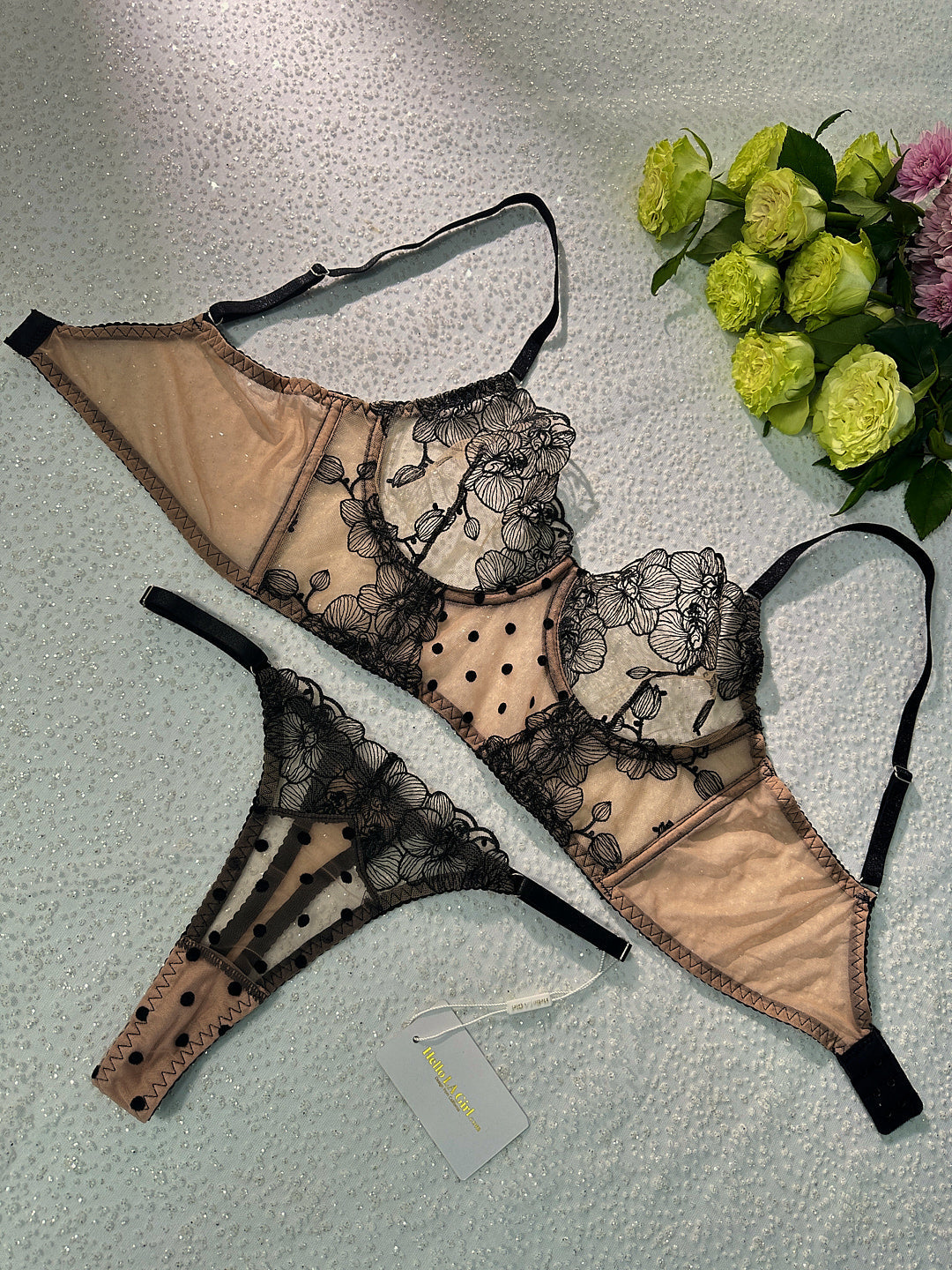 Nude Black Spot Soft Lace Widen Side Lingerie Set