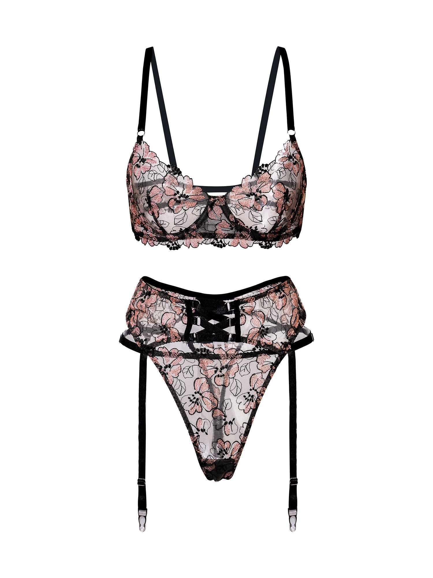 Black& Dustyrose Flowers  Lingerie Set