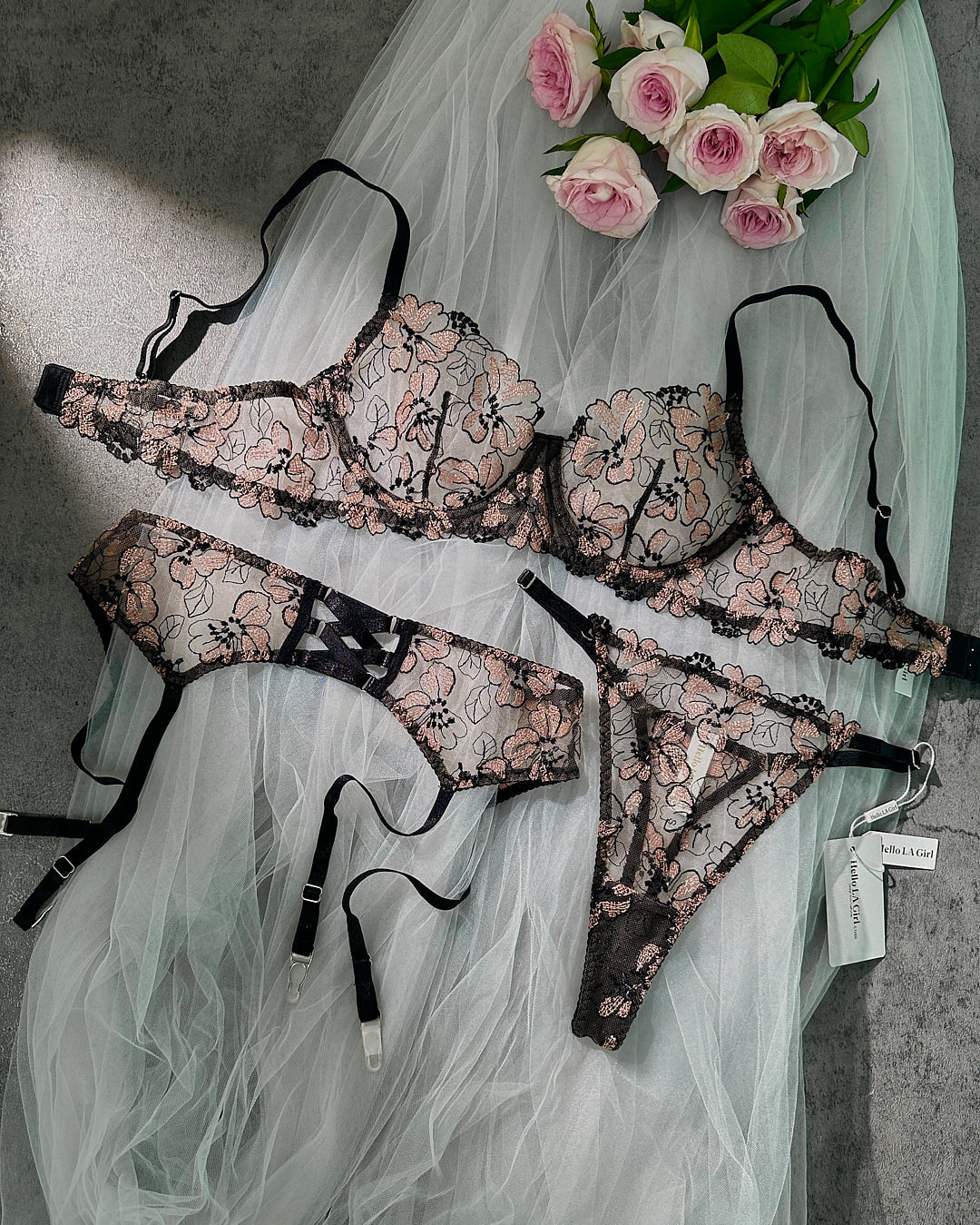 Black& Dustyrose Flowers  Lingerie Set