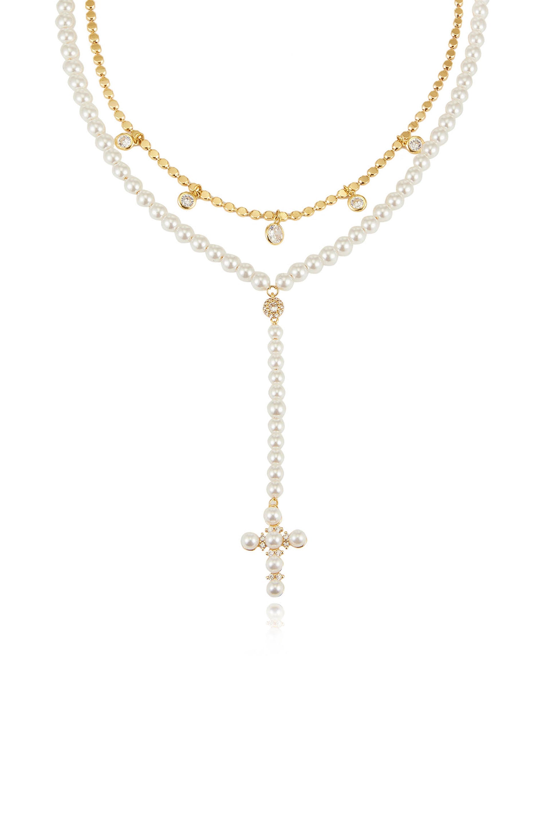 Pearl Cross Drop Lariat Necklace Set