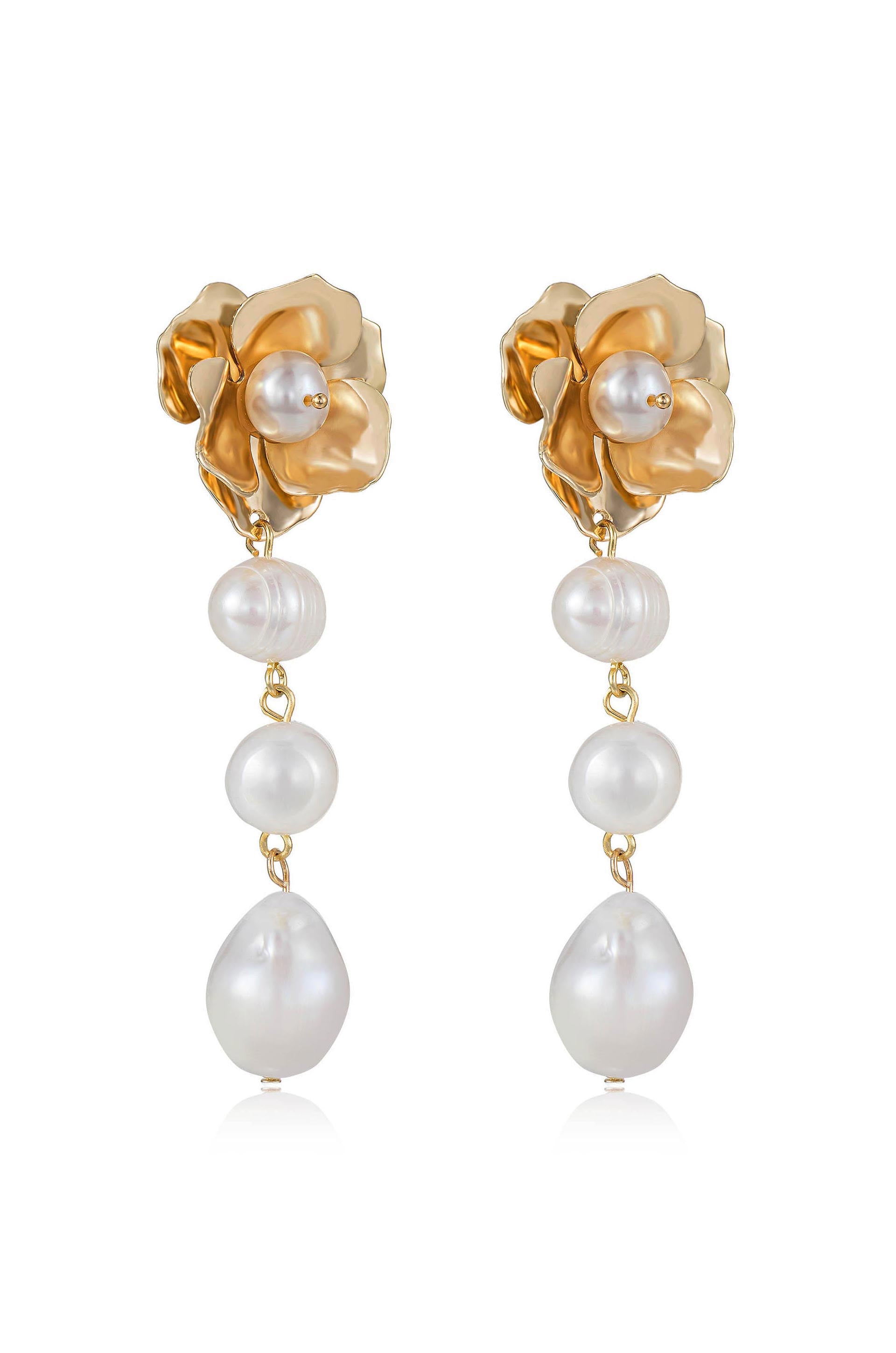 Golden Petals and Graduating Freshwater Pearl Earrings