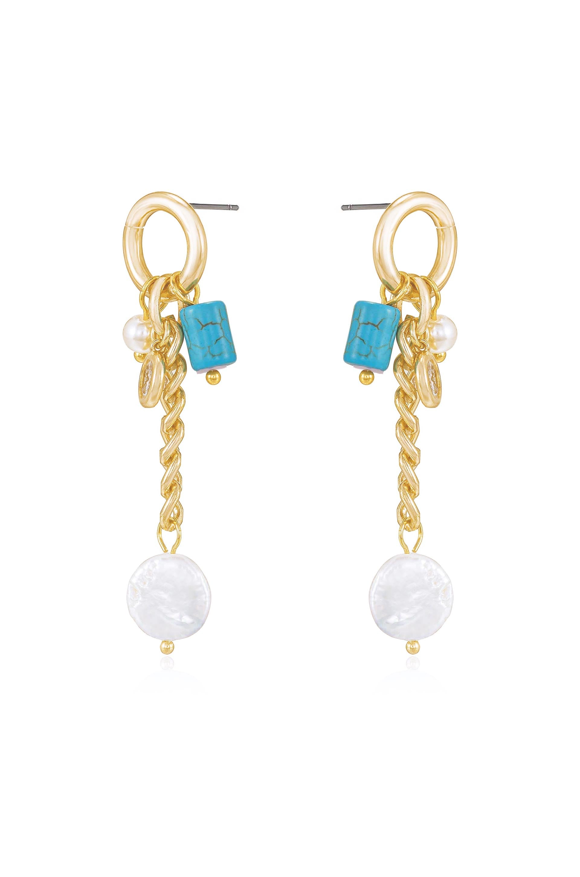 Pearl, Turquoise, and Crystal Charm Dangle Earrings